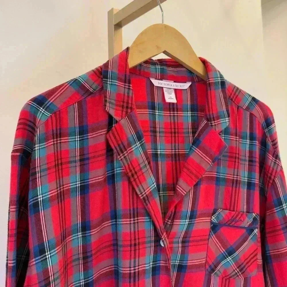 Victoria's Secret Women's Plaid Flannel Sleepshirt Red Long Sleeve L Holiday
